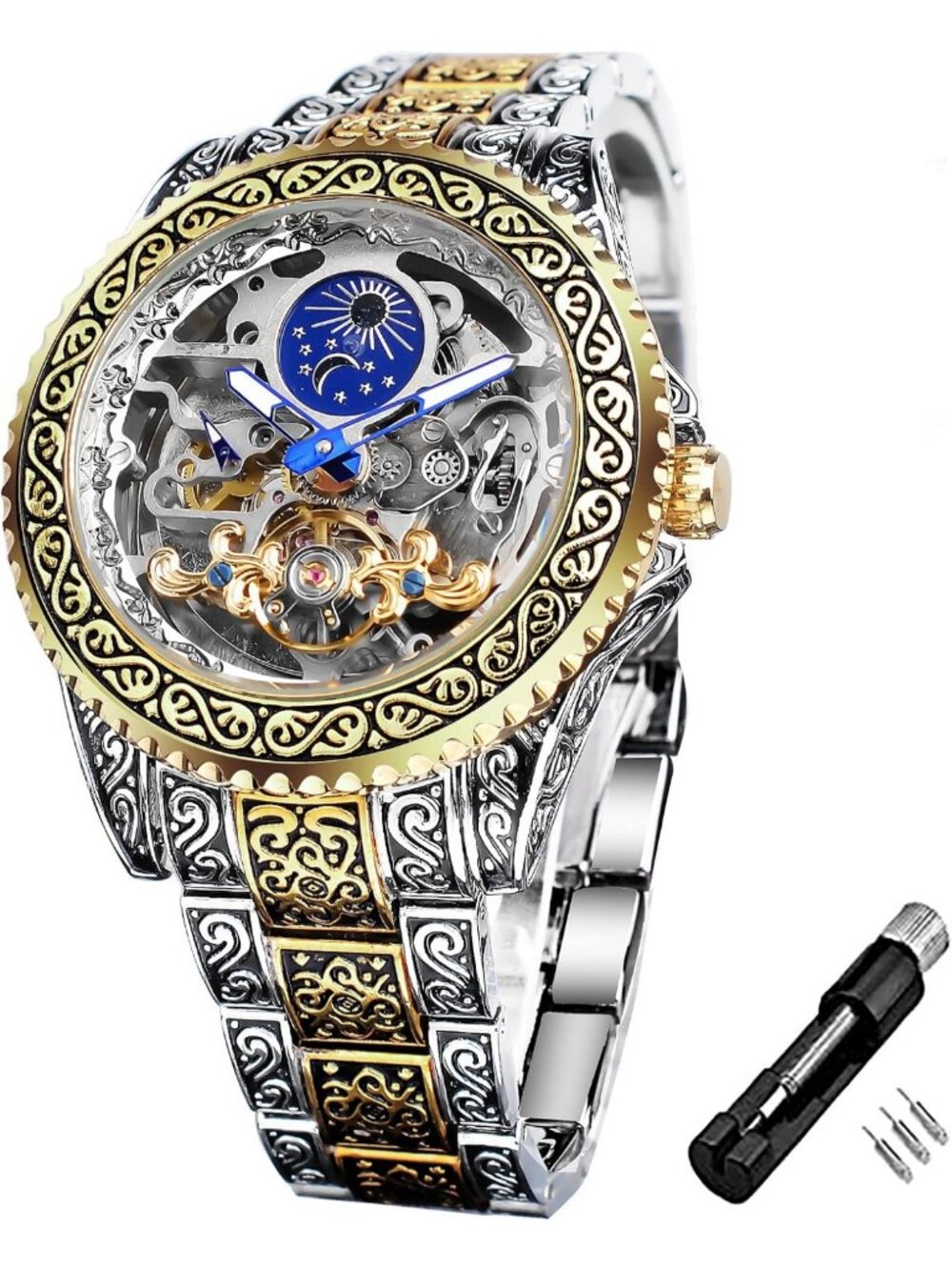 Vintage Men's Automatic Mechanical Watch - Luminous Big Dial, Moon Phase Design